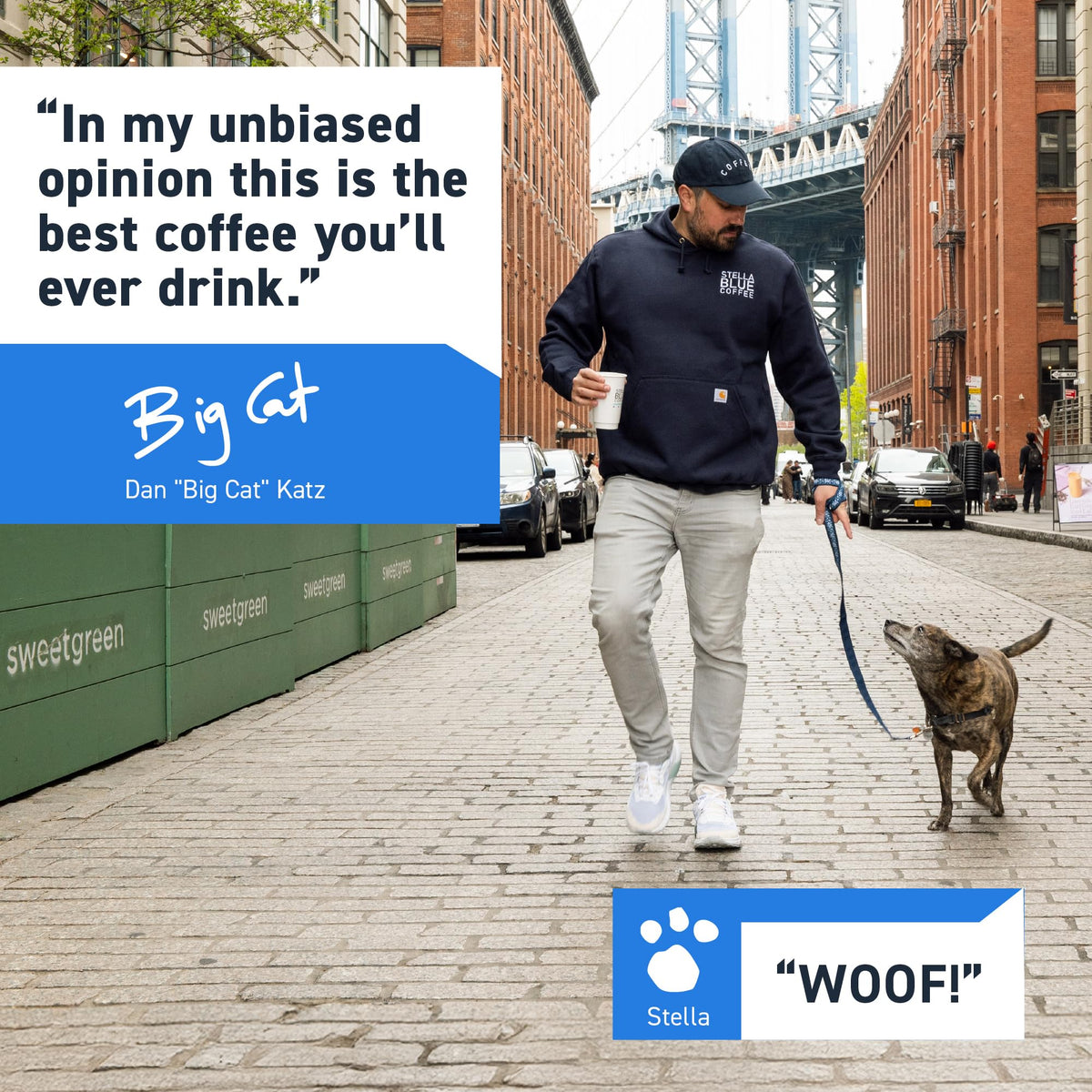 Stella Blue brand story image referencing Dan Katz and rescue dog