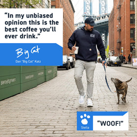 Stella Blue brand story image referencing Dan Katz and rescue dog