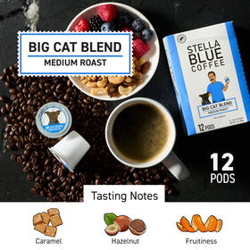Stella Blue coffee pod closeup highlighting medium roast caramel hazelnut flavor.