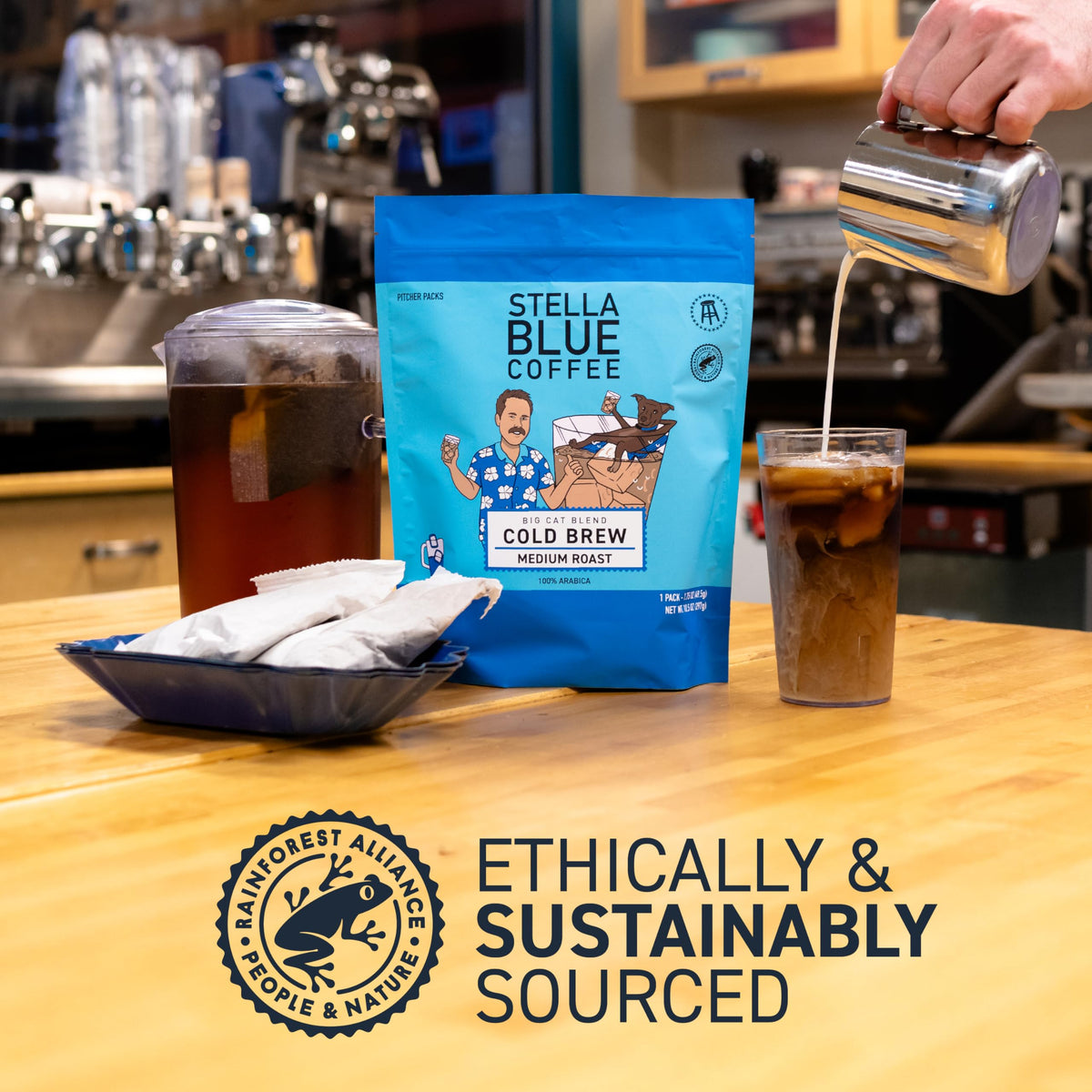 Stella Blue cold brew overnight chill reveals smooth finish.
