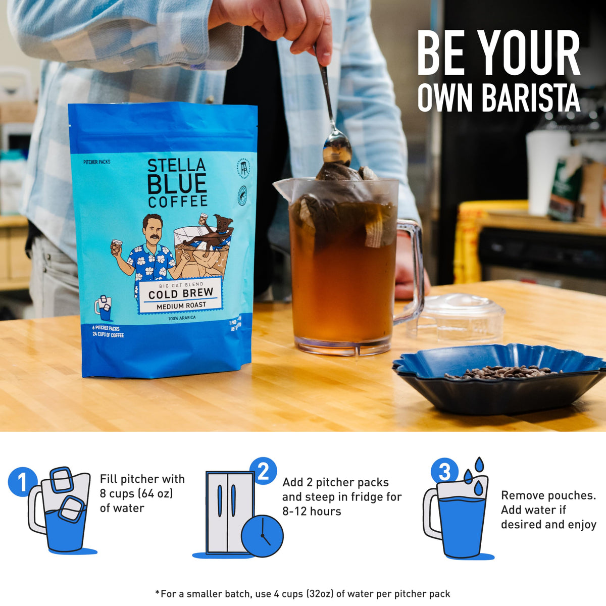 Stella Blue cold brew steep-in-water setup for overnight flavor.