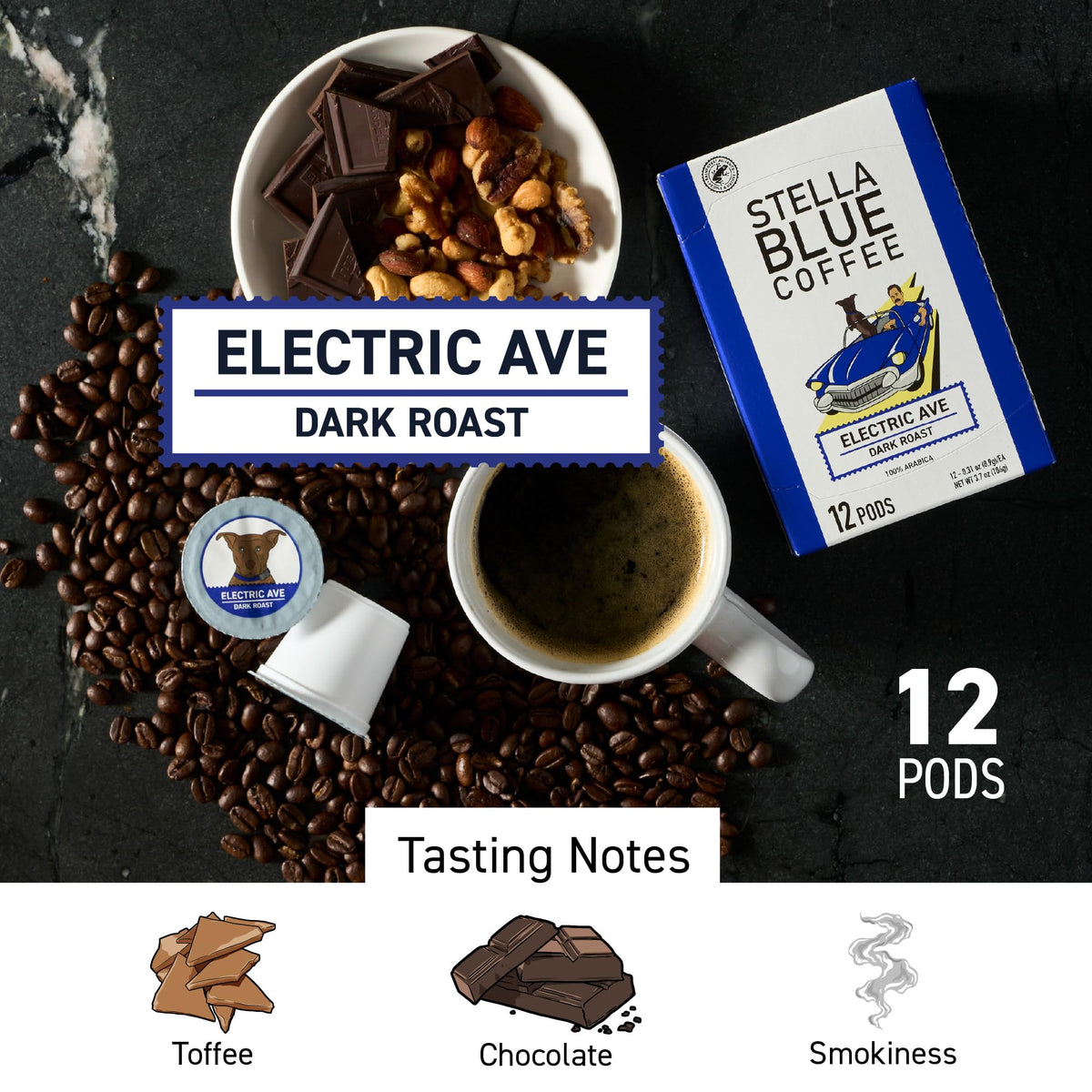 Stella Blue Dark Roast cup with rich aroma and bold flavor