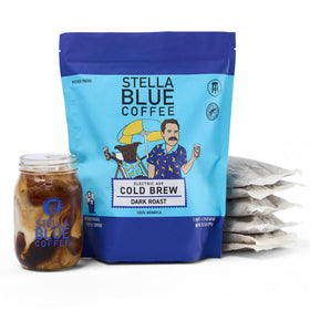 Stella Blue Electric Ave packaging featuring ready-to-brew bags for easy cold brew
