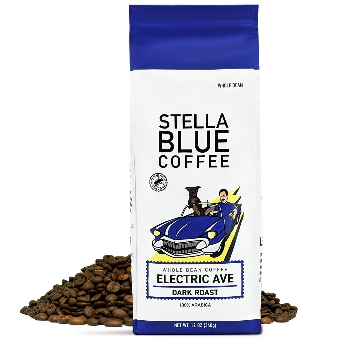 Stella Blue Electric Avenue bag view highlighting premium packaging and ethically sourced beans