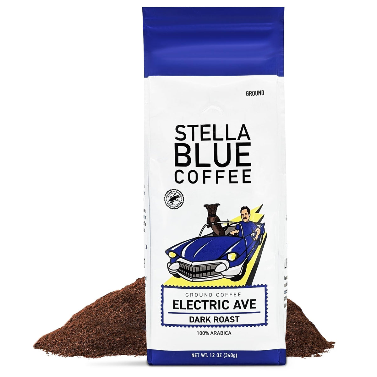 Stella Blue Electric Avenue ground coffee bag with bold dark roast aroma