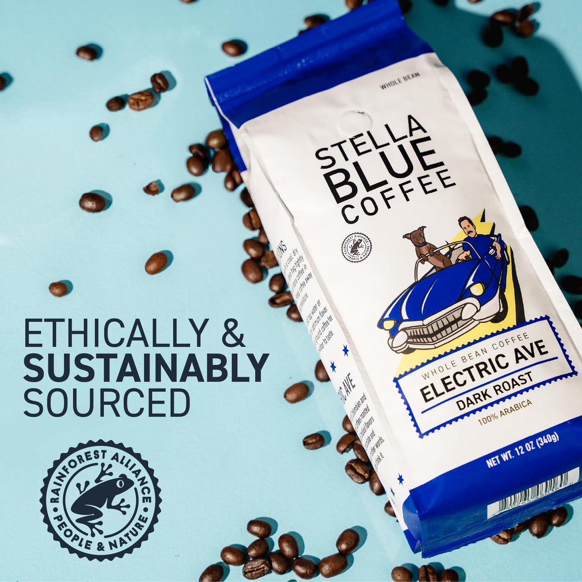 Stella Blue Electric Avenue roast detail with dark hue and caramelized surface
