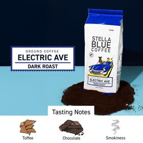 Stella Blue Electric Avenue steaming cup highlighting rich flavor notes