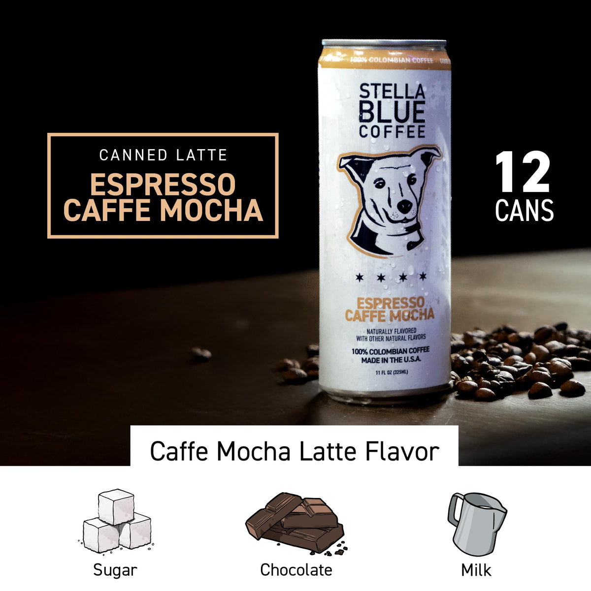 Stella Blue Espresso Caffe Mocha can back panel with nutrition and caffeine details.