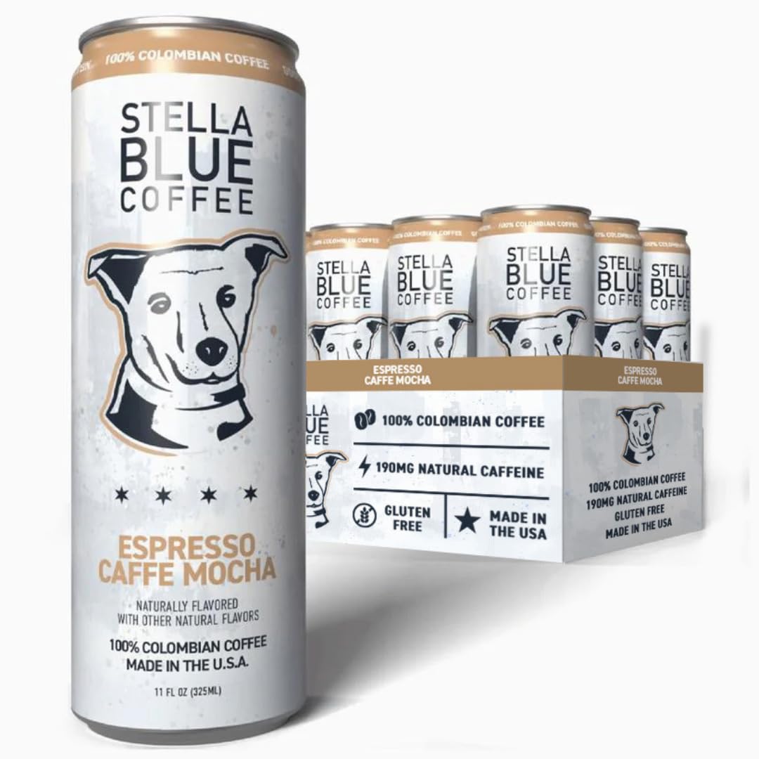 Stella Blue Espresso Caffe Mocha can front view showing on-the-go energy appeal.