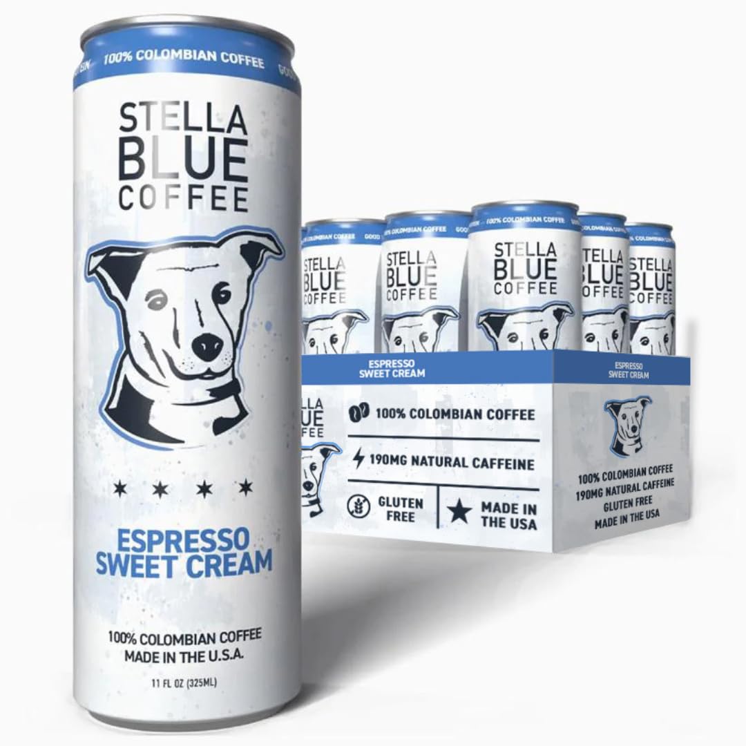 Stella Blue Espresso Sweet Cream Latte can, bold flavor, on-the-go energy.