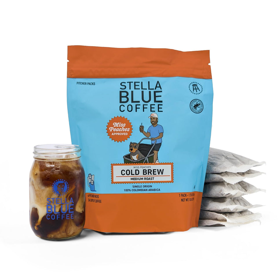 Stella Blue Miss Peaches cold brew bags ready to steep for smooth, refreshing coffee