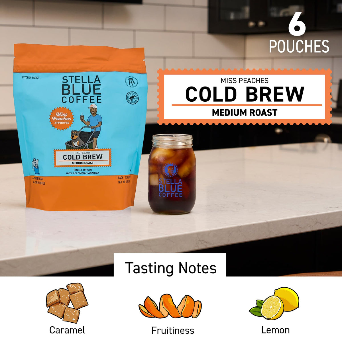 Stella Blue Miss Peaches blend single-origin Colombian beans with bright citrus notes