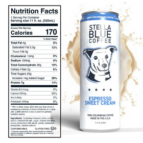 Stella Blue nutrition label close-up, gluten-free and protein-rich.