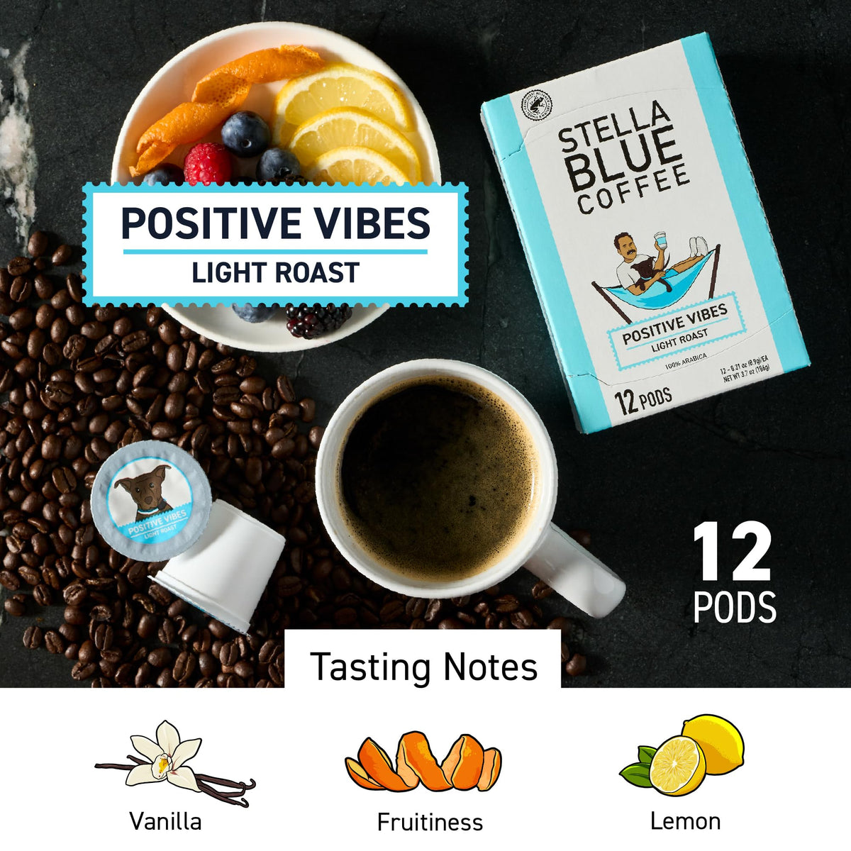Stella Blue Positive Vibes vanilla-note pod close-up, inviting aroma.