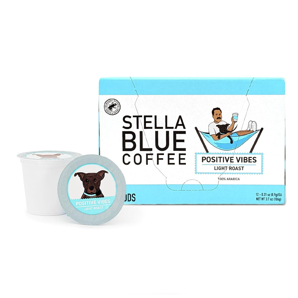 Stella Blue Positive Vibes box with pods ready for quick, flavorful brews.
