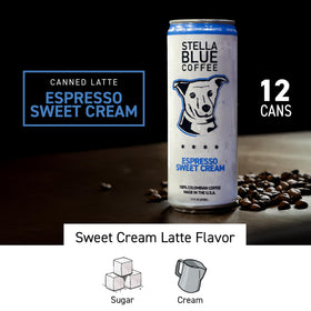 Stella Blue ready-to-drink latte pour, smooth Colombian coffee awakening.