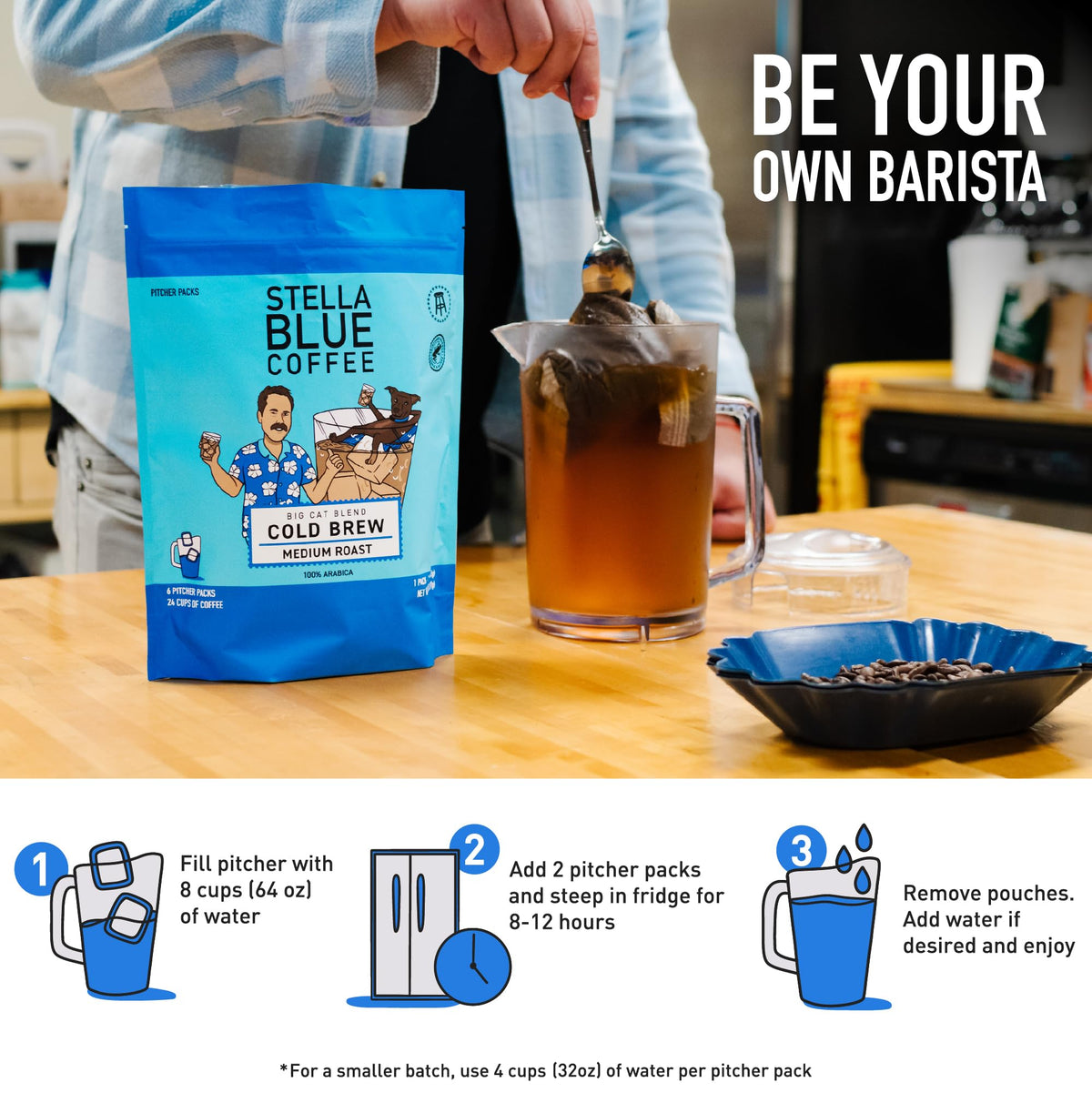 Six-pack packaging for mess-free cold brew setup with Stella Blue