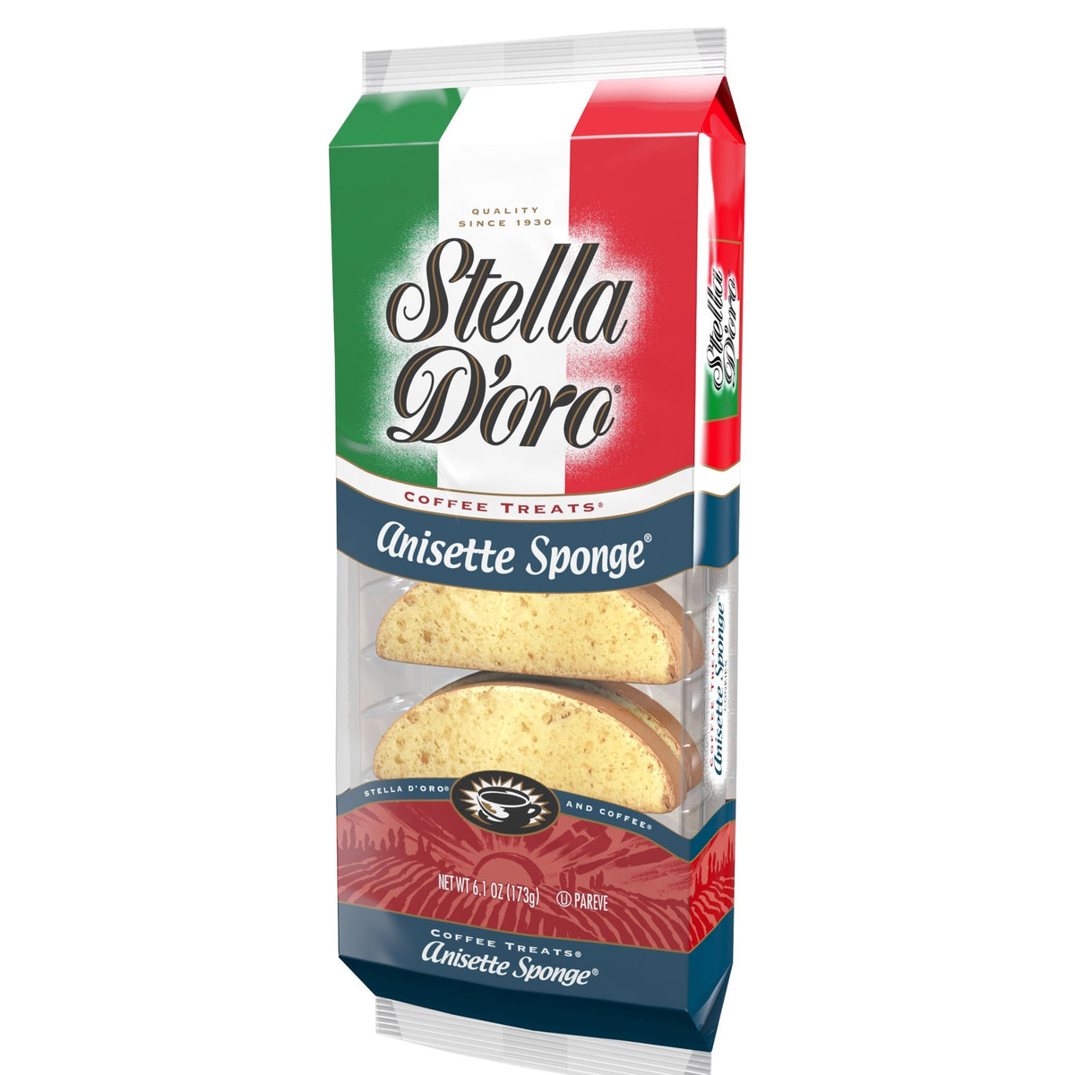 Stella D'Oro anisette sponge cookies packaging highlights Italian bakery heritage.