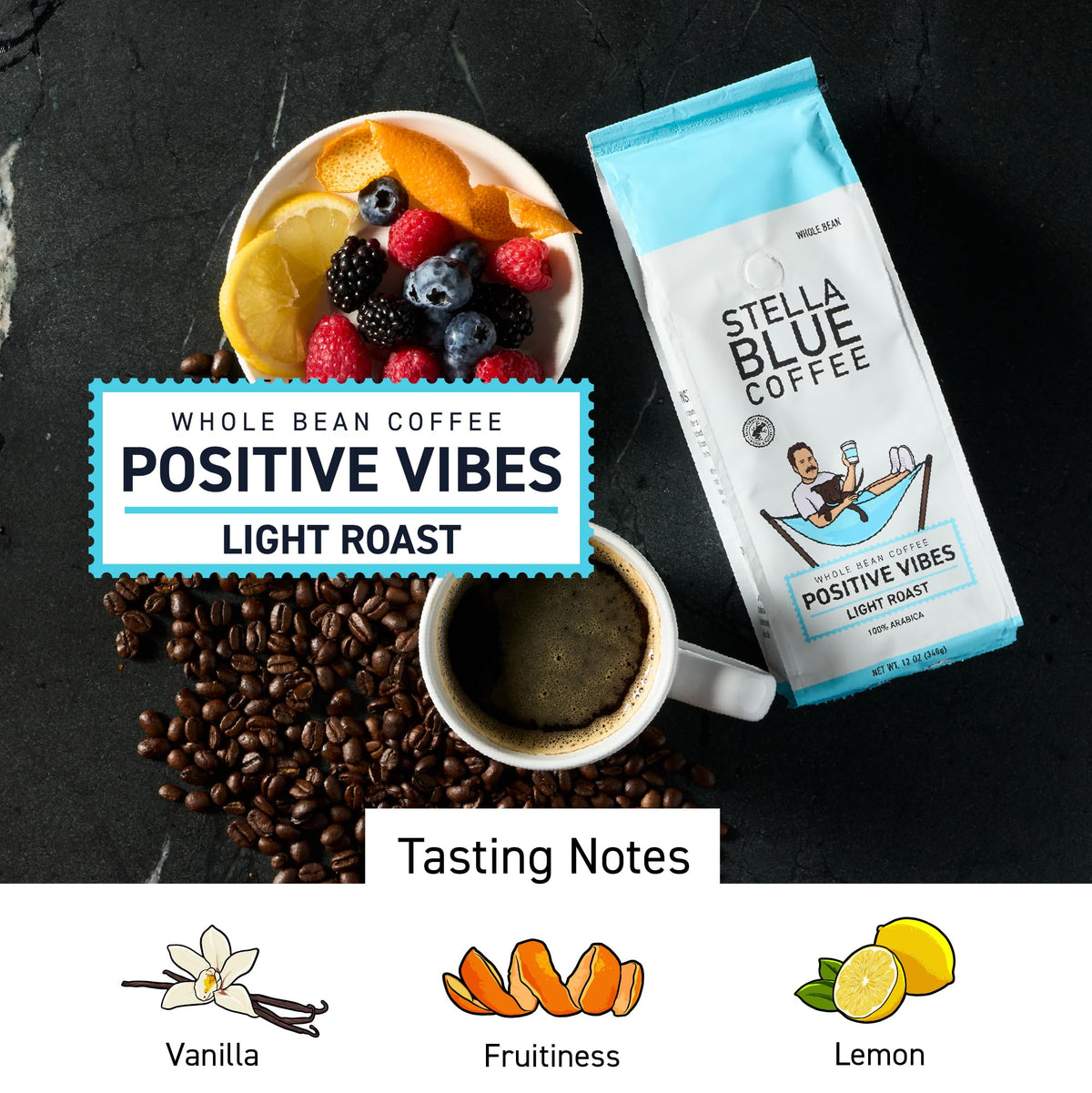 Steaming cup highlights bright vanilla notes and fruity sweetness from Stella Blue.