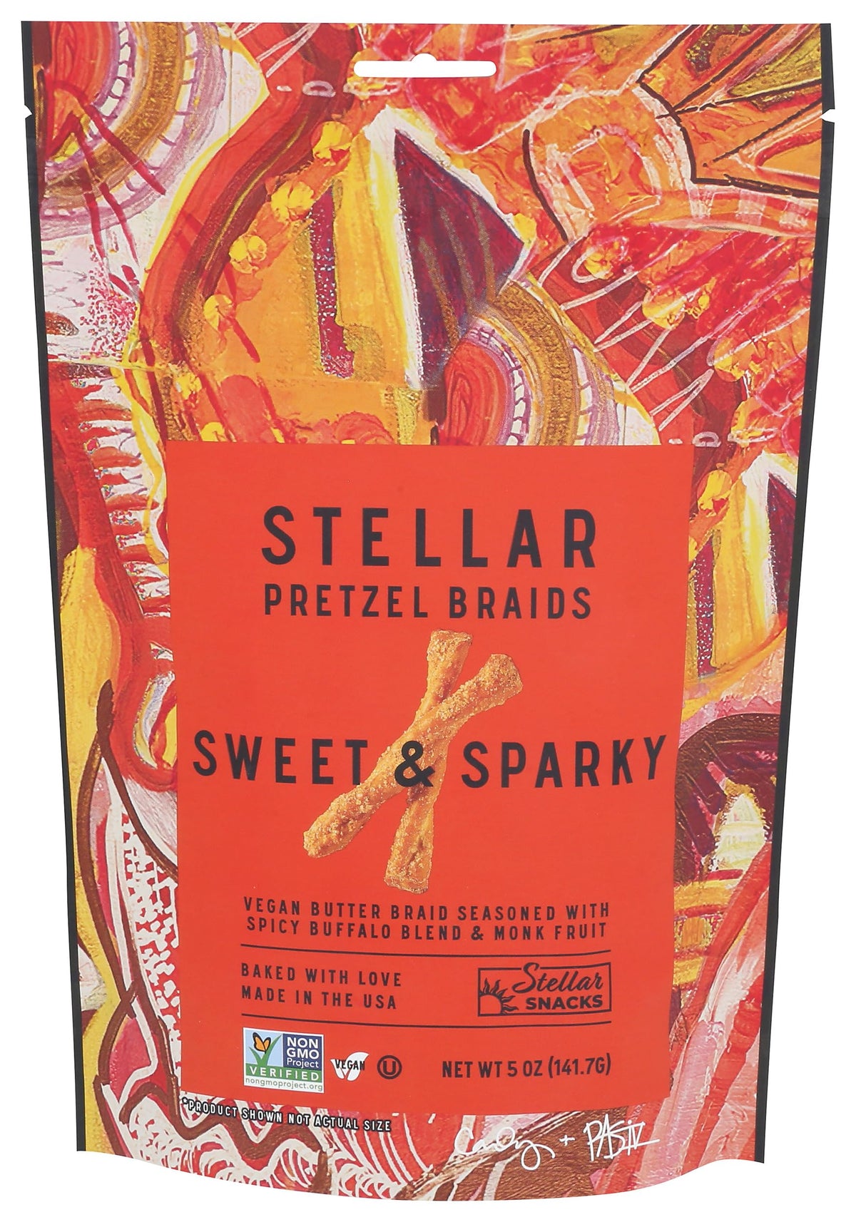 Stellar Braids Sweet Sparky pack shot showing bold flavor and convenient 5 oz bag.