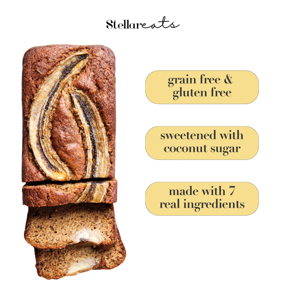 Stellar Eats Banana Bread loaf ready image suggests easy loaf preparation with ripe bananas.