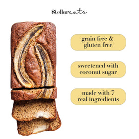 Stellar Eats Banana Bread loaf ready image suggests easy loaf preparation with ripe bananas.