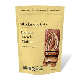 Stellar Eats Banana Bread Mix box shows gluten-free, grain-free promise for paleo-friendly baking.