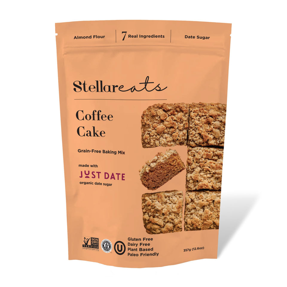 Stellar Eats coffee cake mix in a bowl with whisk for quick, delicious gluten-free baking.
