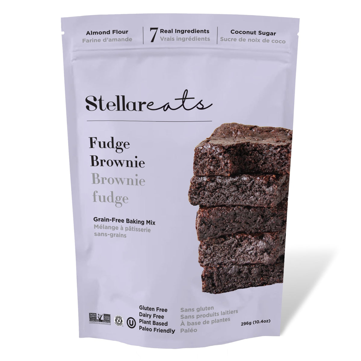 Stellar Eats fudge brownie mix pack showing gluten-free and dairy-free option.