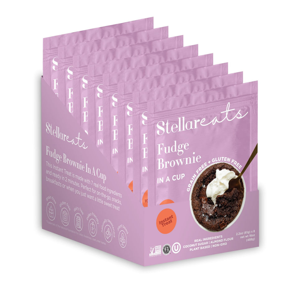 Stellar Eats Instant Fudge Brownie in a Cup packaging highlights convenient single-serve dessert.