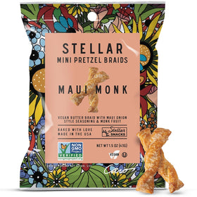 Stellar Snacks Maui Monk mini pretzel braids close-up texture showing crisp bite.
