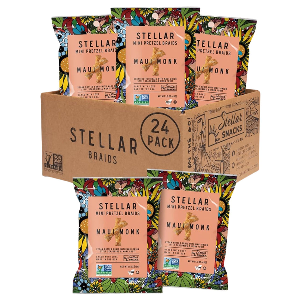 Stellar Snacks Maui Monk packaging for on-the-go snacking.