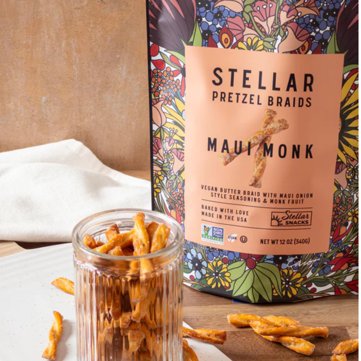 Stellar Snacks Maui Monk pretzel braids deliver a crispy, shareable snack ready for dipping