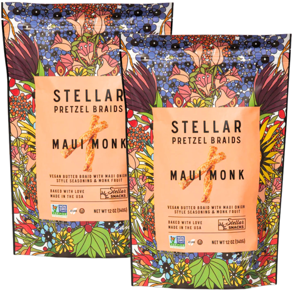 Stellar Snacks Maui Monk pretzel braids in a 12 oz bag for on-the-go flavor