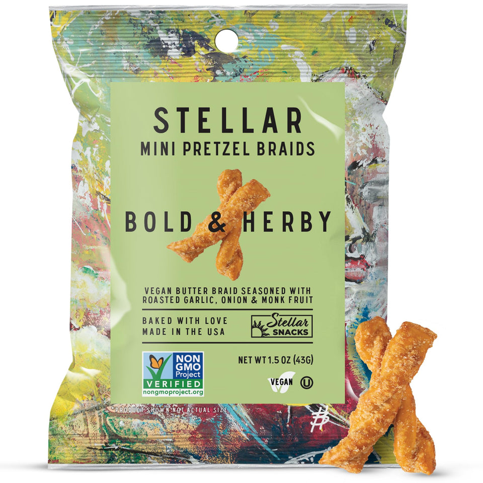 Stellar Snacks Mini Pretzel Braids bold-herby packfront—crunchy, vegan-friendly snack for on-the-go munching.