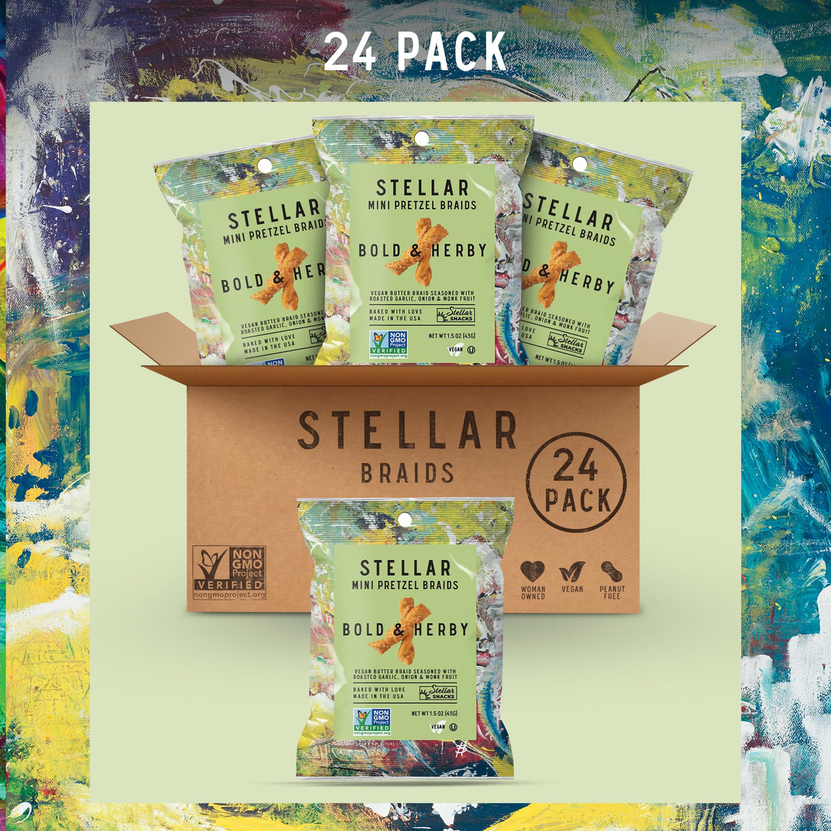 Stellar Snacks Mini Pretzel Braids kosher-certified packaging—made for mindful grab-and-go moments.