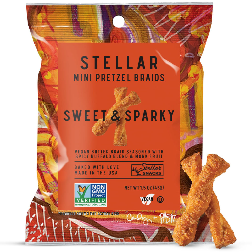 Stellar Snacks Maui Monk mini pretzel braids for portable vegan snacking.