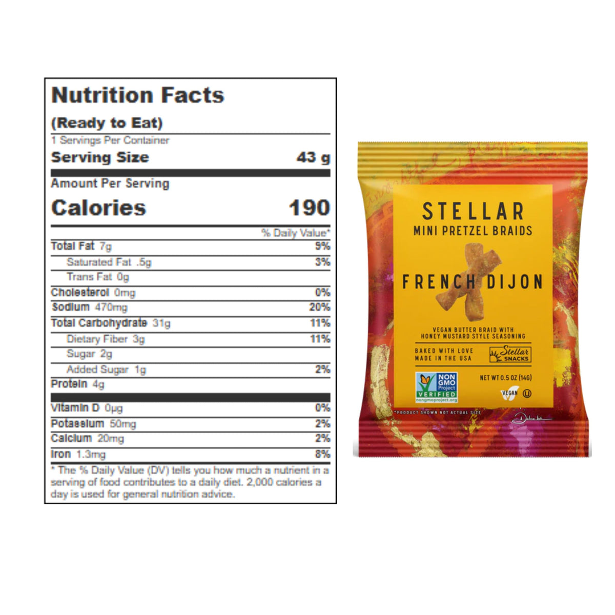 STELLAR SNACKS Mini Pretzel Braids packaging hero showing vegan, kosher, non-GMO credentials.
