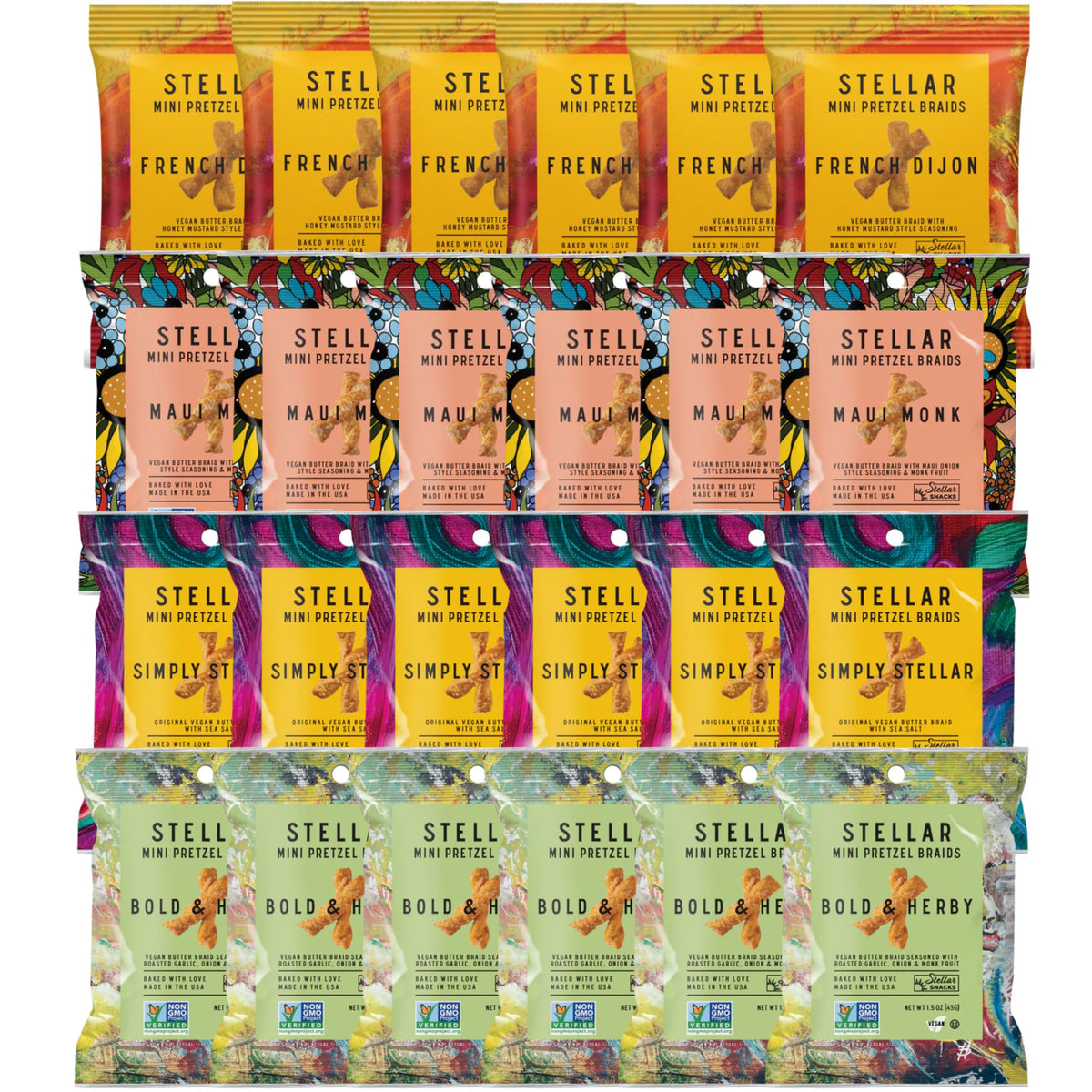 STELLAR SNACKS Mini Pretzel Braids variety pack front view, four flavors ready for on-the-go snacking.