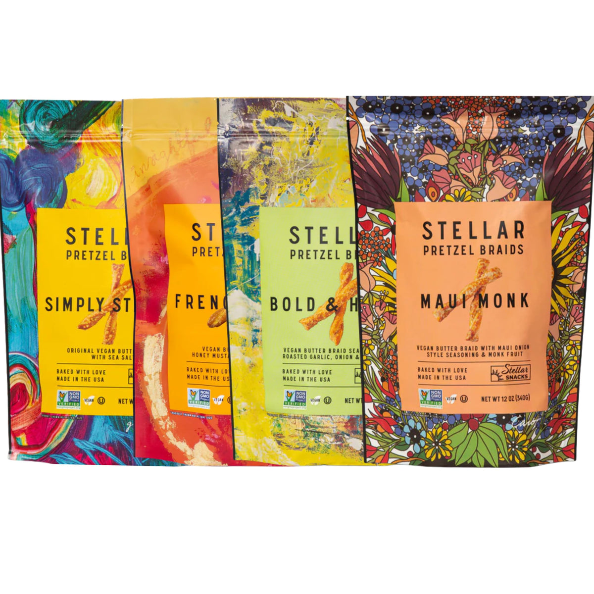 Stellar Snacks Maui Monk pretzel braids, buttery twists ideal for dipping and sharing.