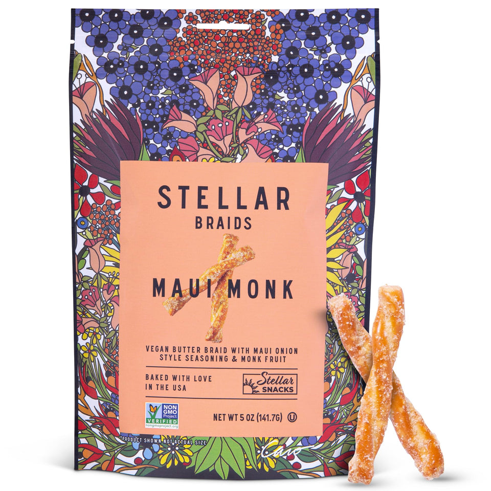 Stellar Snacks Maui Onion pretzel braids in a six-pack, ideal for on-the-go snacking.