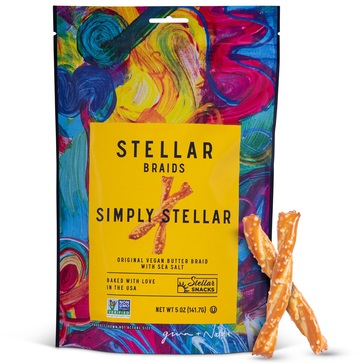 Stellar Snacks sea salt pretzel braids in main shot offer crave-worthy, shareable snack.