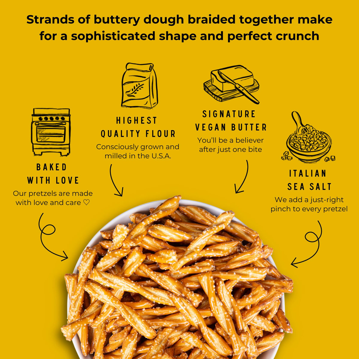 Stellar Snacks sea salt pretzel braids packaging emphasizes vegan, kosher, non-GMO qualities.