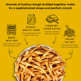 Stellar Snacks sea salt pretzel braids packaging emphasizes vegan, kosher, non-GMO qualities.