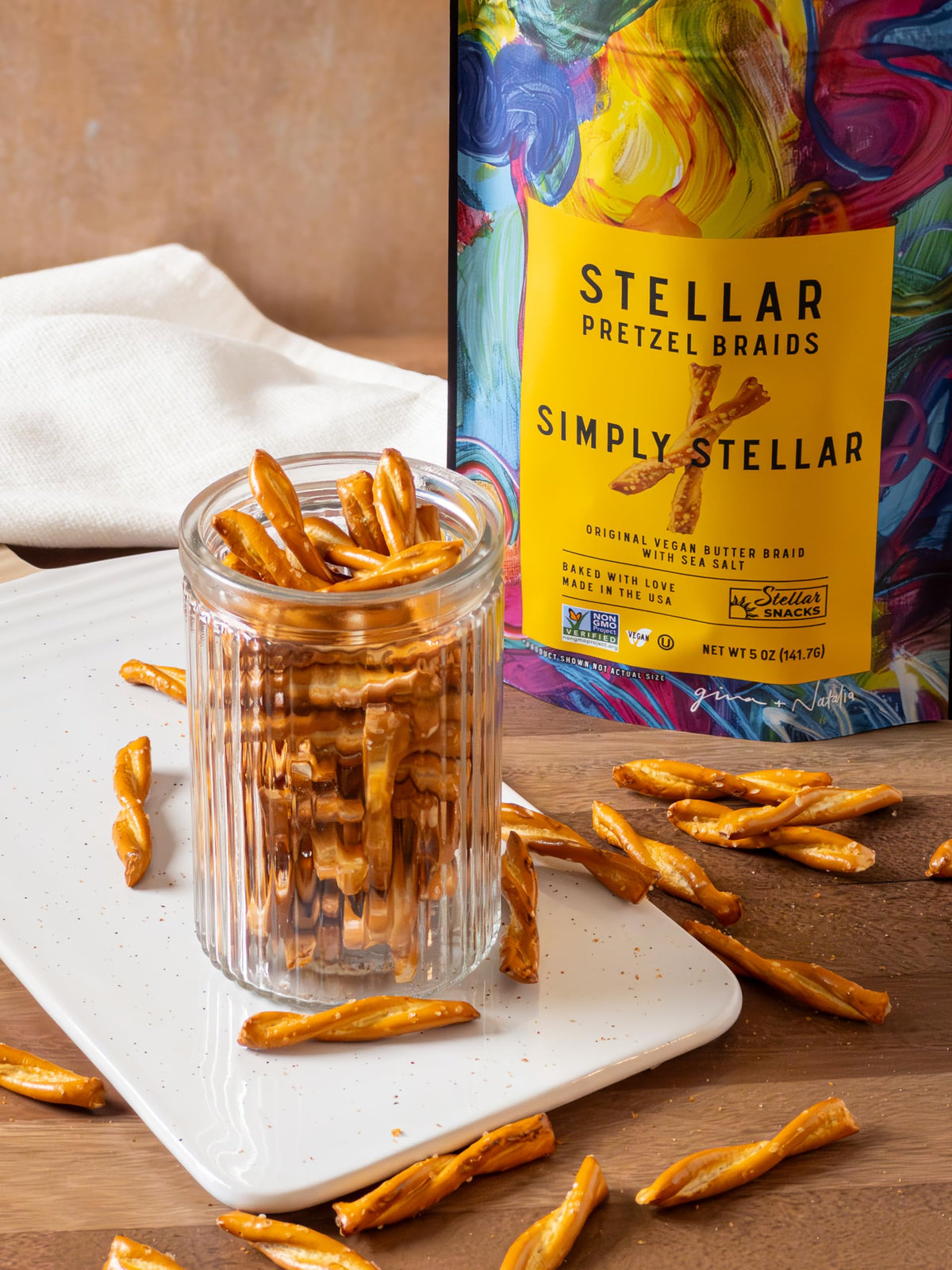 Stellar Snacks pretzel braids in bag convey freshness and portability.