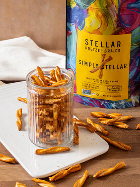 Stellar Snacks pretzel braids in bag convey freshness and portability.