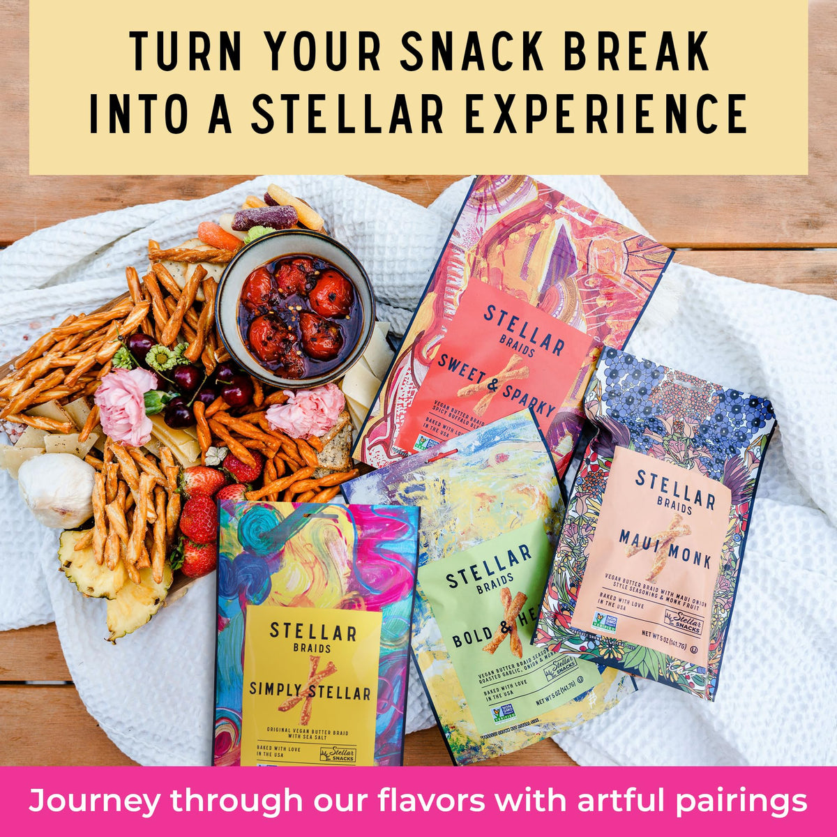 Stellar Snacks vegan kosher non-GMO pretzel braids communicates clean ingredient story.