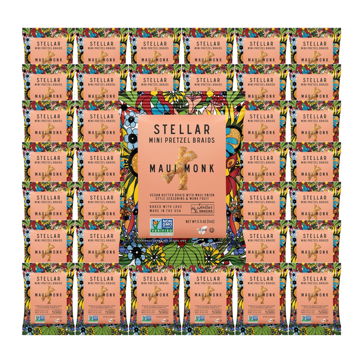 STELLAR SNACKS Maui Monk mini pretzel braids 0.5 oz pack, convenient on-the-go snack.