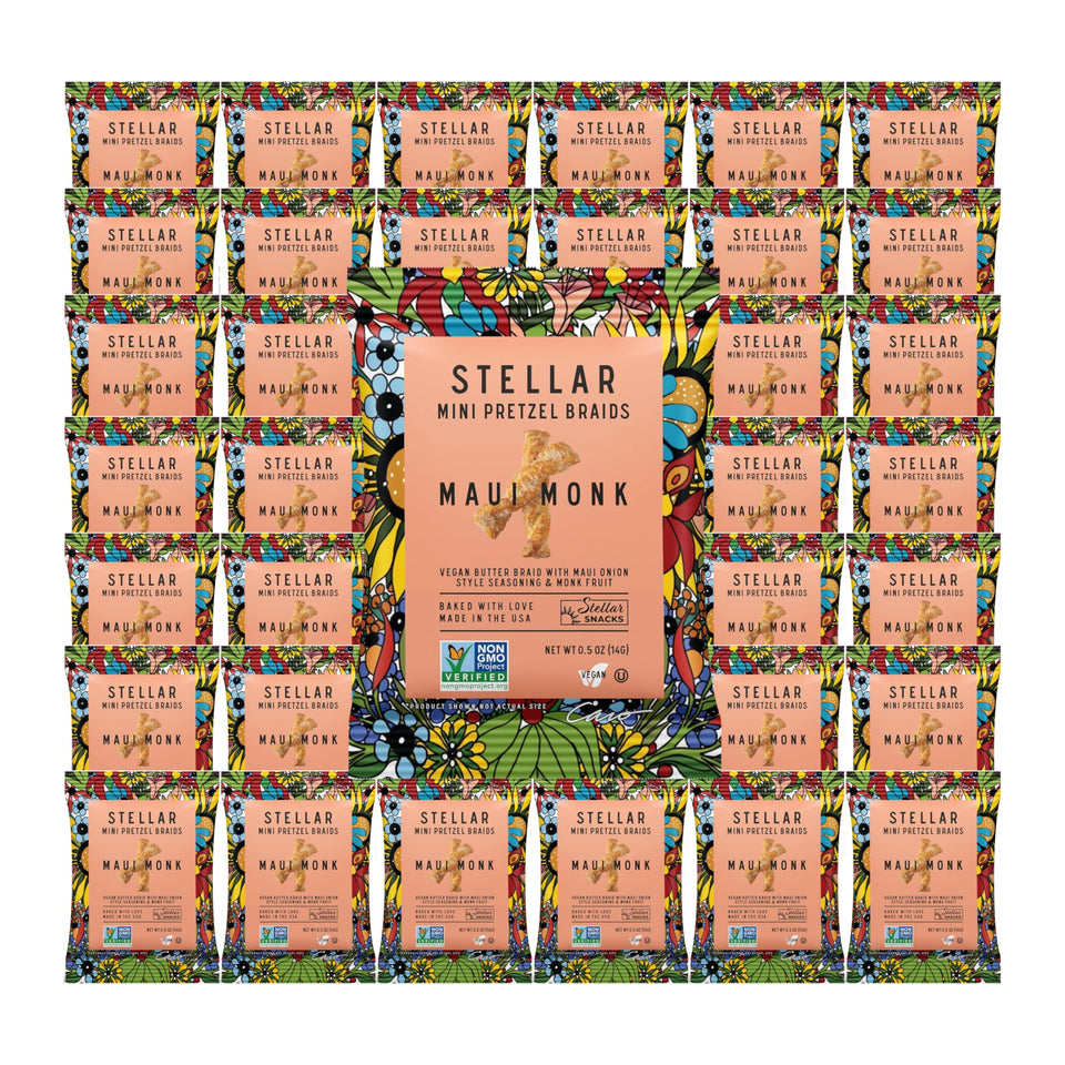 STELLAR SNACKS Maui Monk mini pretzel braids 0.5 oz pack, convenient on-the-go snack.