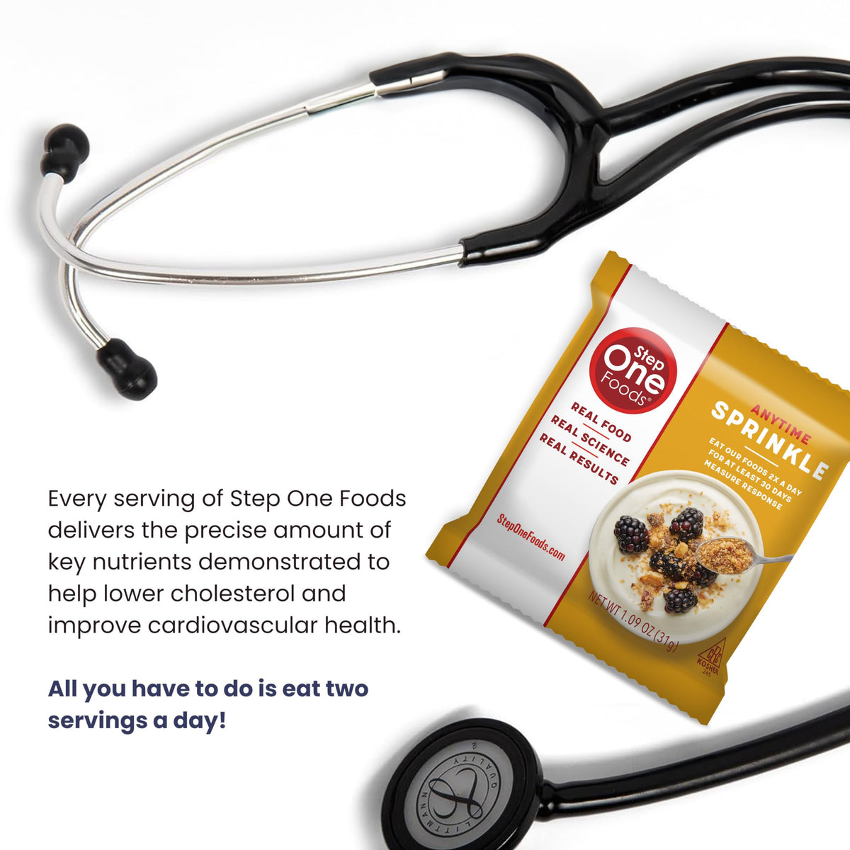 Step One Foods Anytime Sprinkle ingredient scoop highlights wholesome grains and sterols.